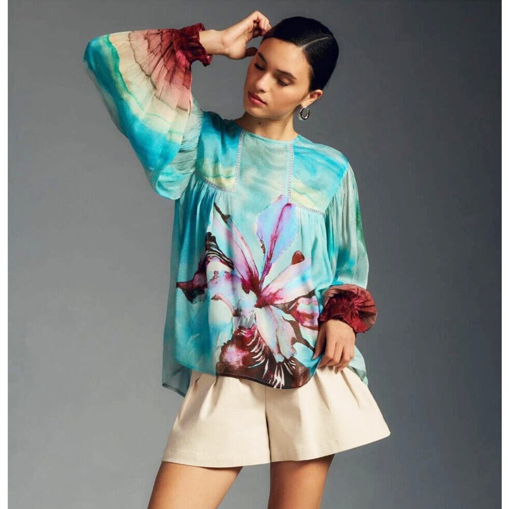 Anthropologie x Blank London Women's Miranda Peasant Boho Blouse Watercolor S
